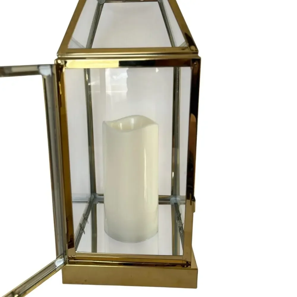 Gold Glass Lantern LED Candle Holder Battery Operated 14” Decorative Lantern